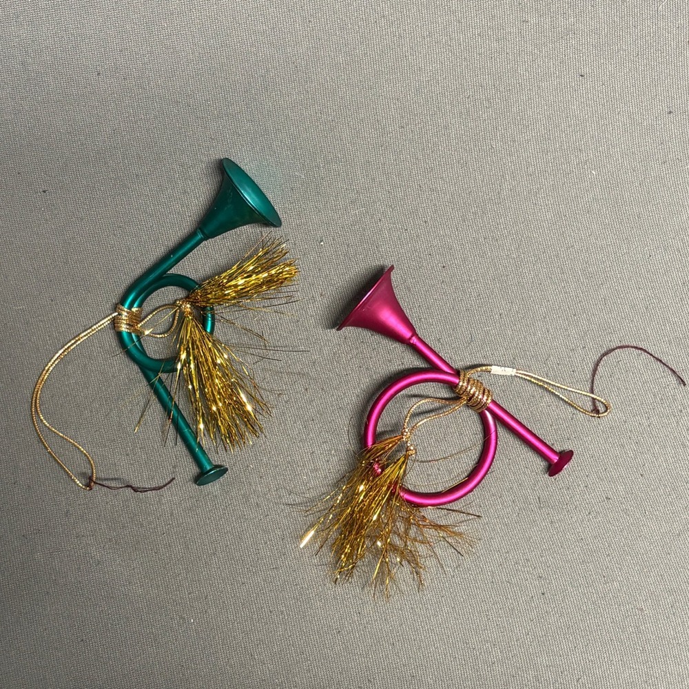 Vintage French Horn Ornaments Set 2 Pink Green Gold Metallic Tinsel 4.5" Glass